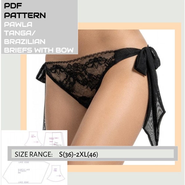 Pawla drawstring tie lingerie sewing pattern pdf - Instant Download PDF pattern underwear S-2XL  - Easy knickers pattern with side bows