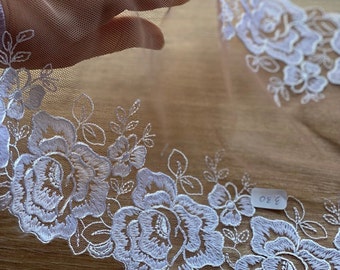 White embroidery on non-elastic skin color mesh 24cm- lace for wedding - garment & lingerie lace- Crafts sewing 24 cm (9,45 in) wide