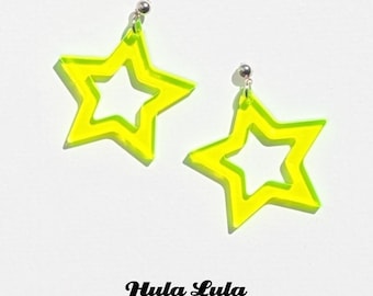 Neon Yellow Perspex Large Star Earrings