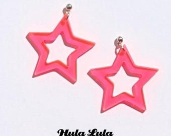Neon Pink Perspex Large Star Earrings