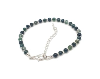 Green Moss Agate Bracelet: Beaded Gemstone, Minimalist, Silver Plated