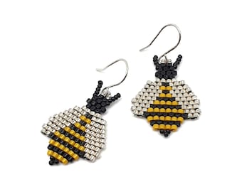 Bumble Bee Earrings: Beaded Seed Bead Dangles, Sterling Silver Hooks
