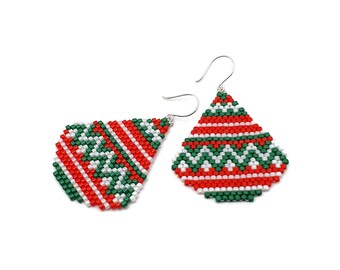 Beaded Christmas Earrings: Festive Teardrop Dangles, Sterling Silver Hooks