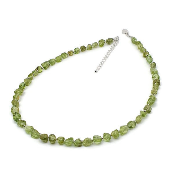 Peridot Nuggets Collar Necklace, Natural Gemstone, Beaded Olive Green Crystal, Matching Dangle Drop Earrings, Sterling Silver Hooks