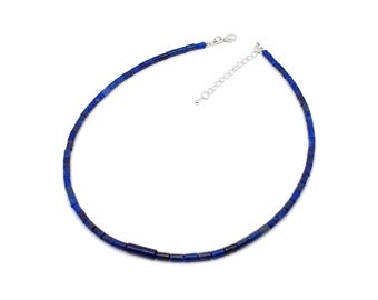 Lapis Lazuli Necklace: Beaded Blue Gemstone 16" Collar, Silver Plated