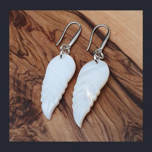 Carved Leaf Shell Earrings: White Mother Of Pearl Dangles, Sterling Silver Hooks