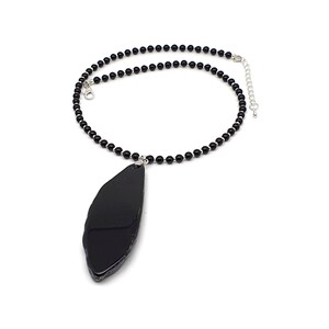 Black Agate Necklace: Large Geode Slice Pendant, Beaded 16" Gemstone Collar