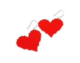 Beaded Heart Earrings: Woven Seed Bead Dangles, Sterling Silver Hooks