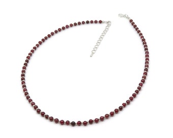 Red Garnet Short Collar Necklace, Natural Gemstone, Adjustable 16" Strand, Matching Dangle Drop Earrings, Beaded Crystal