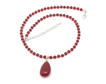 Beaded Carnelian Necklace: Teardrop Pendant, 16" Gemstone Collar