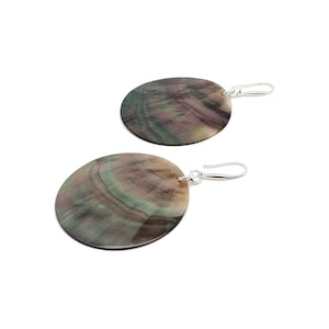 Dark Mother of Pearl Earrings: 5 cm Round Disc Shell Dangles, Sterling Silver Hooks