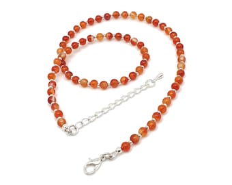 Burnt Orange Agate Necklace: Beaded Natural Gemstone Collar, Silver Plated