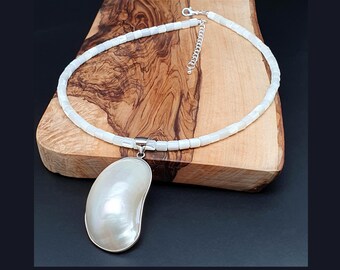 White Mother of Pearl Necklace: Beaded 16" Shell Collar with Oval Pendant, Silver Plated