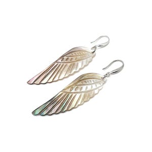 Angel Wing Shell Earrings: Carved Dark Mother of Pearl Dangles, Sterling Silver Hooks