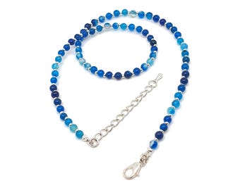 Blue Agate Necklace: Beaded Natural Gemstone Collar, Silver Plated