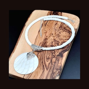 Mother of Pearl Necklace: Round Carved Pendant, Beaded 16" White Shell Collar
