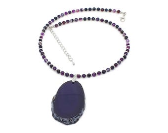 Purple Agate Necklace: Beaded 16" Gemstone Collar, Geode Slice Pendant