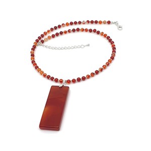 Beaded Carnelian Necklace: Rectangular Slice Pendant, 16" Gemstone Collar