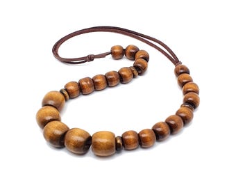 Chunky Wooden Necklace: Tiger’s Eye Gemstones Accents, Adjustable Brown Faux Suede Cord