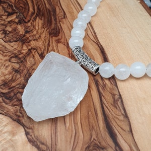 Long Boho Necklace, Raw Rock Crystal Quartz Chunky Pendant, Beaded Crystal, White Jade Beads, Natural Gemstone