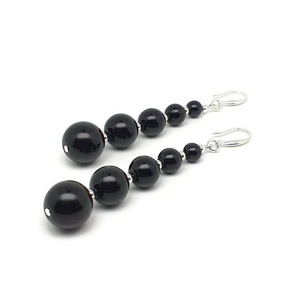 Black Agate Boho Earrings, Beaded Graduated Crystal, Long Dangle Drop, Natural Gemstone, Sterling Silver Hooks