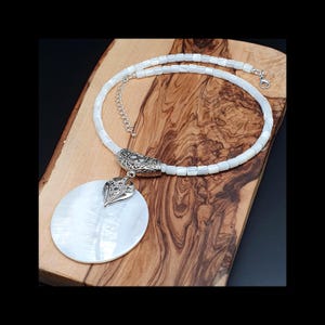 Mother of Pearl Necklace: Large Round Shell Pendant, Beaded 16" Collar