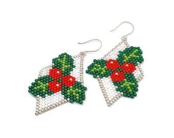 Beaded Christmas Berry Earrings: Miyuki Seed Beads Festive Dangles, Sterling Silver Hooks