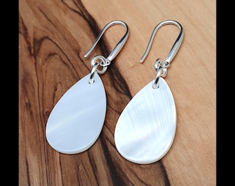 Mother Of Pearl Earrings: White Teardrop Shell Dangles, Sterling Silver Hooks