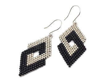 Geometric Beaded Earrings: Diamond Shaped Seed Bead Dangles, Sterling Silver Hooks