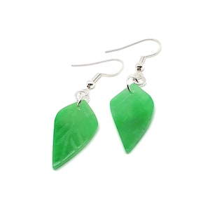 Green Jade Leaf Earrings: Carved Gemstone Minimalist Dangles, Sterling Silver Hooks