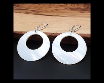 Mother of Pearl Hoop Earrings: Minimalist White Shell Dangles, Sterling Silver Hooks