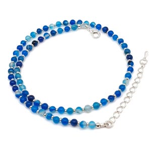 Blue Agate Necklace, Natural Gemstone, Beaded Crystal Collar, Adjustable Strand, Silver Plated