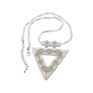 May include: White beaded necklace with a triangular pendant. The pendant is white with a silver and clear beaded design. The necklace has a silver chain and clasp. The necklace is a fashion accessory.