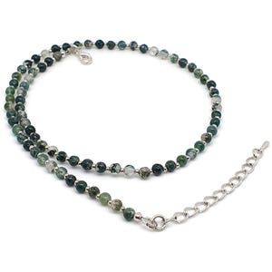 Green Moss Agate Necklace, Beaded Crystal Collar, Adjustable Strand, Natural Gemstone, Silver Plated