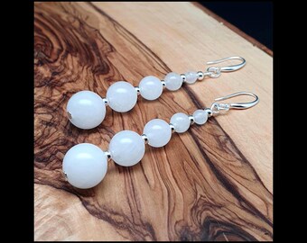 White Jade Earrings: Beaded Graduated Gemstone Dangles, Sterling Silver Hooks