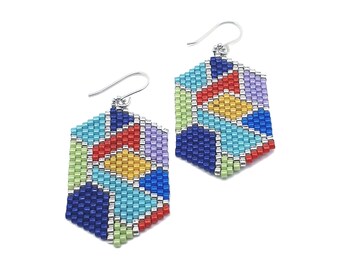 Patched Geometric Earrings: Beaded Seed Bead Dangles, Sterling Silver Hooks