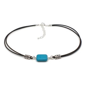 Choker Necklace with Turquoise Pendant, Black Leather Cord, Simulated Gemstone, Adjustable Length