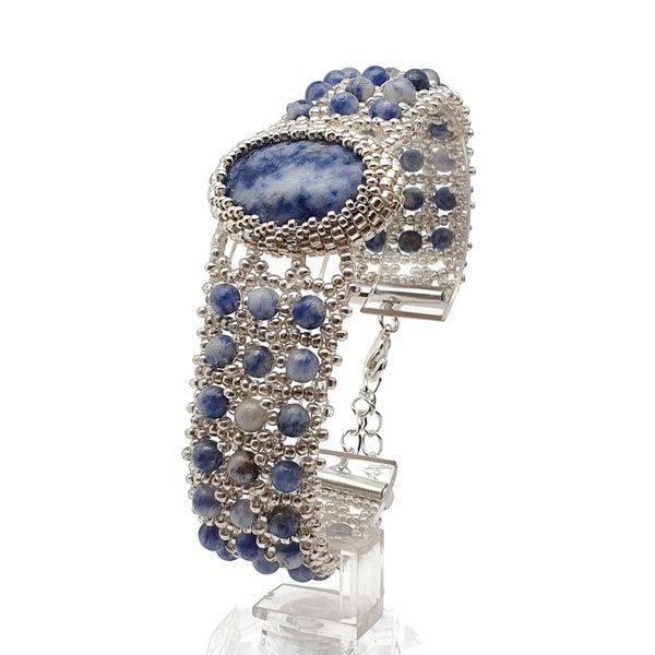 Blue Sodalite Watch Cuff Bracelet, Natural Gemstone, Silver Glass Beads, Interlaced Beaded Crystal, Adjustable Length