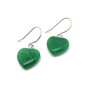 Green Jade Heart Earrings: Natural Gemstone Dangles, Sterling Silver Hooks
