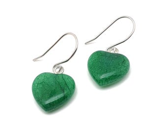Green Jade Heart Earrings: Natural Gemstone Dangles, Sterling Silver Hooks
