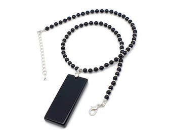 Black Obsidian Necklace: Beaded 16" Gemstone Collar, Large Rectangular Pendant, Silver Plated
