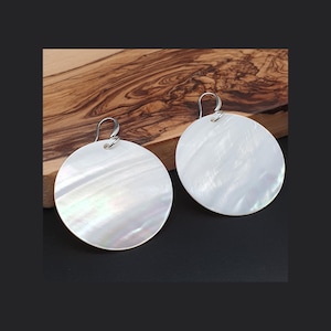 Mother Of Pearl Earrings: Large White Round Shell Dangles, Sterling Silver Hooks