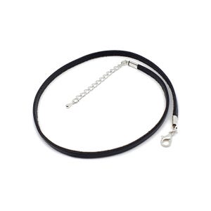 Black Leather Choker Necklace: Minimalist Flat Cord, Length 15–20", Silver Plated Clasp