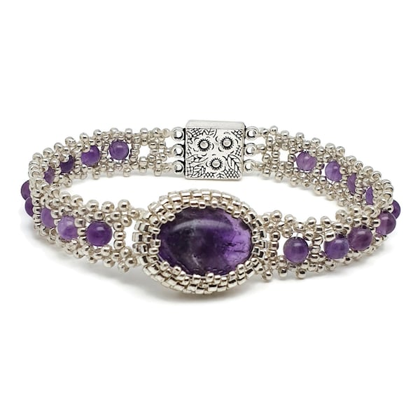 Purple Amethyst Watch Bracelet, Beaded Interlaced Crystal, Natural Gemstone, Silver Glass Beads, Magnetic Clasp