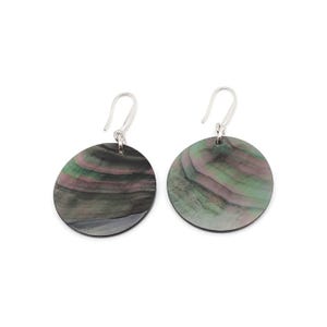 Dark Shell Earrings: Round 3 cm Mother of Pearl Disc Dangles, Sterling Silver Hooks