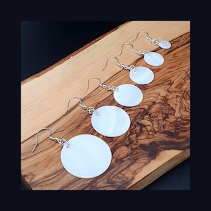 Mother of Pearl Earrings: Natural Shell Round Disc Slice Dangles, Sterling Silver Hooks