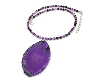 Purple Agate Necklace: Large Geode Slice Pendant, Beaded 16" Gemstone Collar
