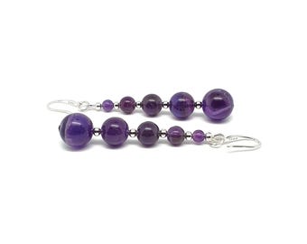 Beaded Amethyst Earrings: Long Graduated Gemstone Dangles, Sterling Silver Hooks