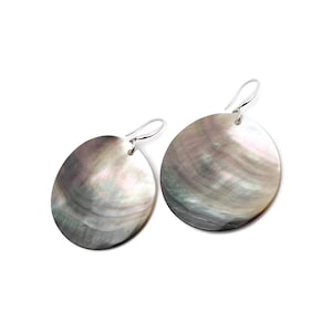 Mother of Pearl Disc Earrings: 4 cm Shell Dangles, Sterling Silver Hooks