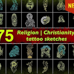 75 Religion & Christianity Tattoo Stamps | Procreate Sketches for Religious Designs | Customizable Religious Symbols | Instant Download
